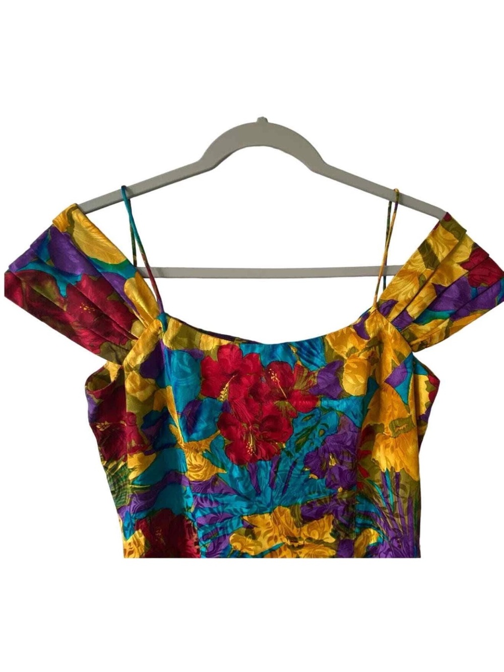 Vintage Gillian 100% Silk Tropical Floral Midi Dress Size 10 Off Shoulder Bright - Picture 2 of 12